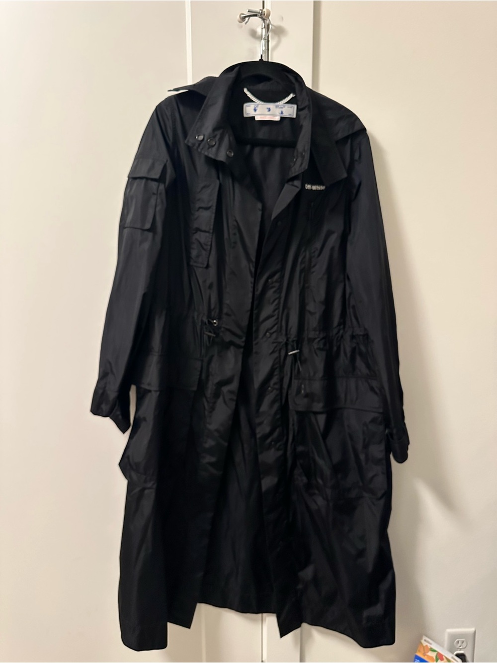 Off-White Nylon Long Cinch-Waist Rain Jacket